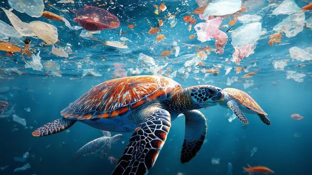 A captivating underwater scene featuring a sea turtle swimming gracefully amidst a disturbing amount of plastic waste and debris, highlighting the urgent need for ocean conservatio