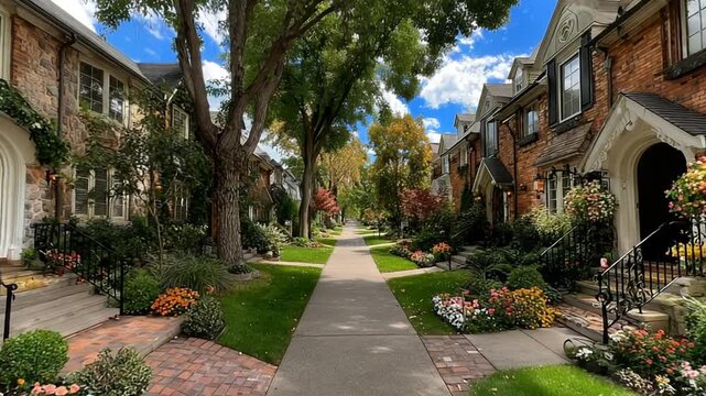 Charming tree-lined street with vibrant gardens and homes