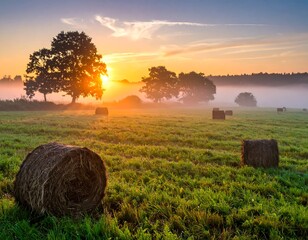 Golden sunrise over a field with hay bales and trees shrouded in mist