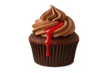 Chocolate cupcake with red topping and cocoa frosting, a sweet dessert or spooky halloween treat