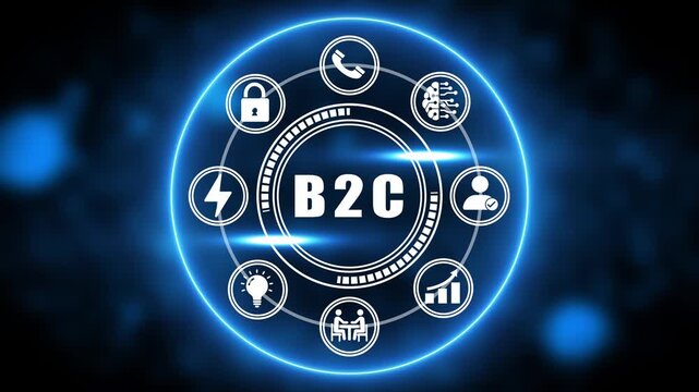 Business to Consumer B2 C concept with technology icons in a glowing blue circle Keywords: B2 C, business to consumer, concept, technology, icons, digital, network, connection, communication