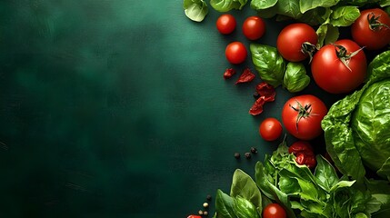 Photograph of fresh tomatoes and basil leaves on a dark green textured surface with dried chili peppers.