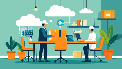 Two workers in hard hats work with computers and boxes in an office with plants and cloud tech