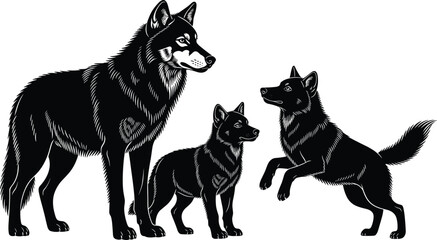Detailed black vector illustration set of three wolves or dogs with expressive faces, representing a family pack, wild animals, nature, loyalty, and predator concepts.