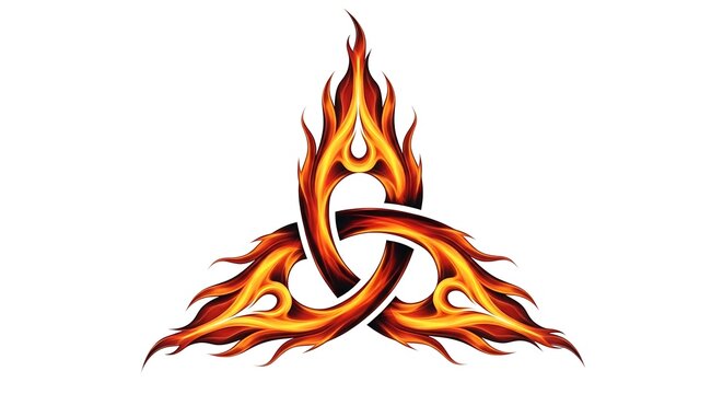 Stylized fiery trinity knot design element on white background illustration