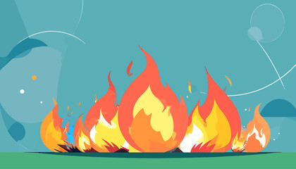 Vibrant stylized flames burst against a teal backdrop, atop a grassy ground, radiating heat