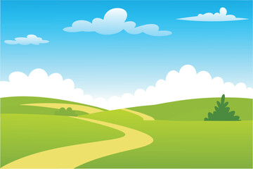 Obraz premium a cheerful landscape with a winding path green hills and a bright