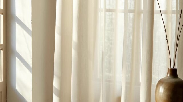 Room with white curtains swaying in gentle wind concept. Sunlight softly filters through sheer fabric, creating a tranquil atmosphere.