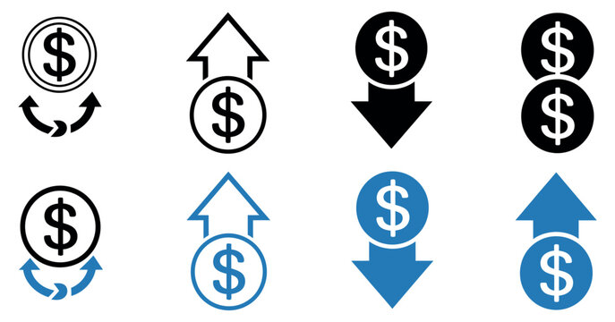 Money Increase and Decrease Icons &ndash; Financial Growth and Decline Vector Symbols