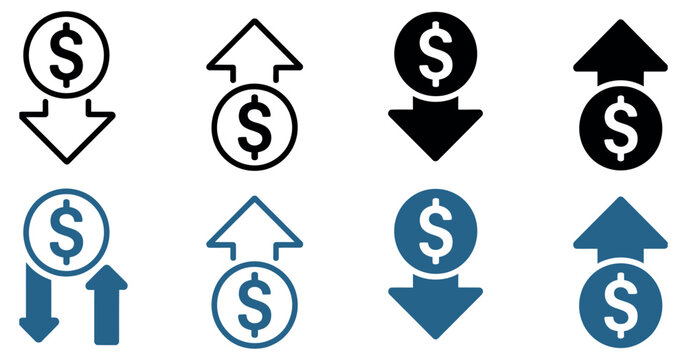 Money Increase and Decrease Icons Vector Set. Financial Growth and Decline Symbols for Business Analytics