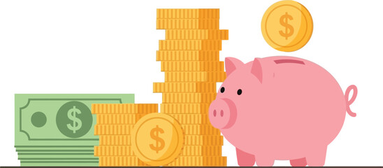 Stacks of coins a piggy bank and dollar bills displayed ideal for financial illustrations on transparent background