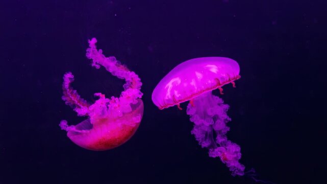 Two vibrant pink jellyfish pulsate in deep purple water with tiny light specks Keywords: jellyfish, sea, ocean, underwater, marine life, aquatic, animal, nature, bioluminescence, glowing, pink