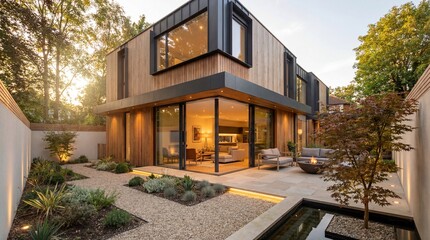 Garden Side View: Luxury Contemporary 60m2 House with Indoor-Outdoor Connection and Patio