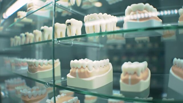 Dental models, teeth, and jaw models displayed in glass case for dental health. Dentistry.