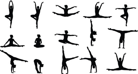 Yoga dance gymnast silhouettes, balance, stretch, split, handstand, meditation, flexibility, strength, fitness, body control, vector illustration, design