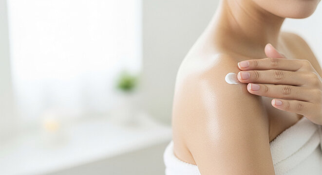 素肌のデコルテにボディクリームを塗る女性とコピースペース 美肌ケアとリラックス