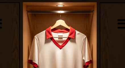 Hanging White and Red Sports Jersey in Wooden Locker Room, Front View, Indoor Sportswear Display