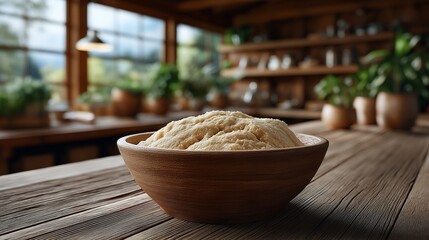 Fototapeta premium A rustic, low-angle shot of a clay bowl filled with light-colored, natural dry organic powder, sitting on a weathered wooden table in a sunlit kitchen