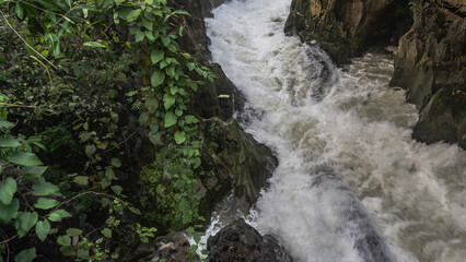 A stormy mountain stream. A brook in a narrow channel between rocks. The turbulent white water is foaming. Green vegetation on cliffs. China.