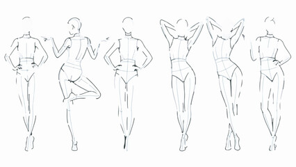 Collection of Hand-Drawn Female Fashion Figure Croquis Sketches in Various Poses