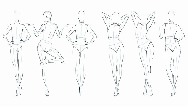 Collection of Hand-Drawn Female Fashion Figure Croquis Sketches in Various Poses