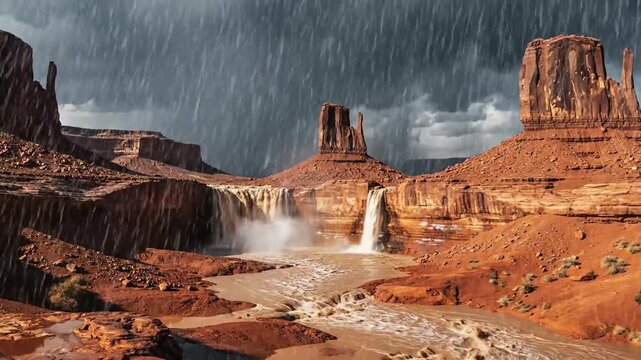Dramatic Storm Rains Over Majestic Red Rock Formations and Waterfall Landscape, Stunning Scene