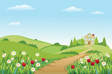 Fototapeta premium a charming rural landscape featuring a peaceful house rolling hills and vibrant