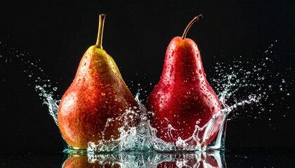 Red and green pears splashing into water against black background