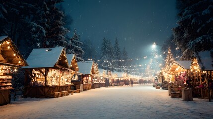 雪の夜に続く屋台列の冬の通り