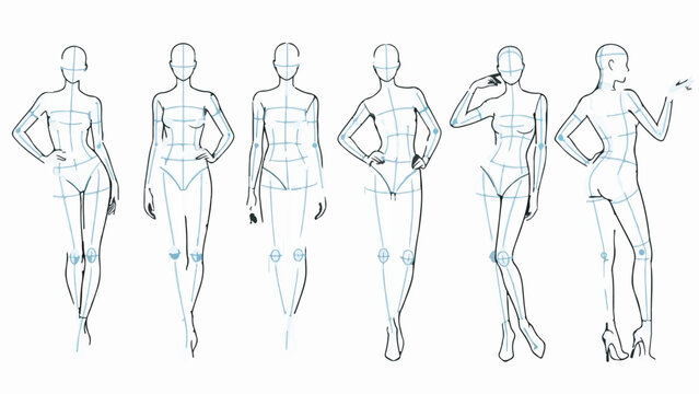 Hand drawn fashion croquis set. Female model templates with basic body guidelines in various poses.