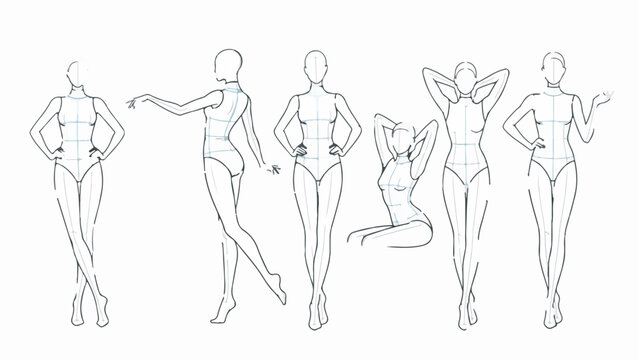 Set of Hand Drawn Fashion Croquis Female Figures in Various Poses for Design
