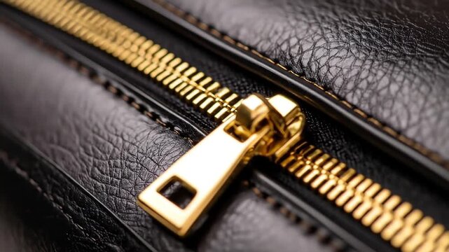 Leather and gold zipper detail macro.