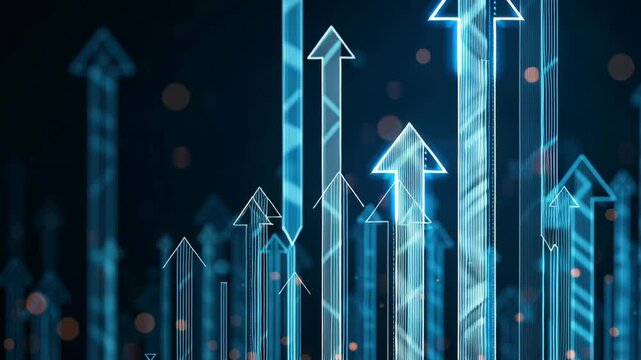 Abstract background with glowing blue arrows concept. Illustrates upward movement and innovation in a digital environment.