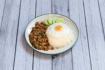 Thai Food Stir-Fried Chicken Spicy and Basil served with Rice