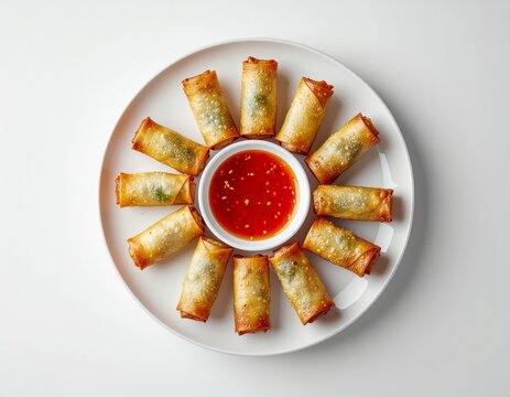 Golden mini spring rolls arranged around chili dipping sauce, top view