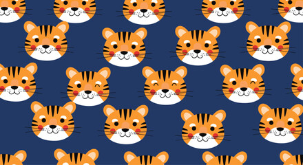 Fototapeta premium Adorable seamless pattern of cute and friendly cartoon tiger faces with different expressions on a dark blue background for kids.