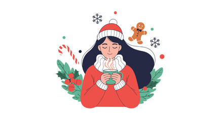 Cozy winter illustration of a woman in a red sweater and hat enjoying a steaming mug of hot chocolate, with festive elements.