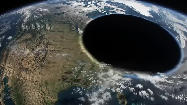 Ominous dark shadow eclipses Earth, symbolizing global vulnerability, environmental impact, and an existential threat to sustainable development and humanity's future