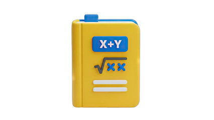 A 3D Rendered Yellow Math Textbook Featuring Blue X Plus Y Equation And Square Root Symbol On A Transparent Background With Crisp Details