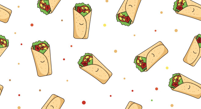 A cute and seamless pattern of happy cartoon burrito characters with smiling faces, scattered with colorful dots on a plain white background.