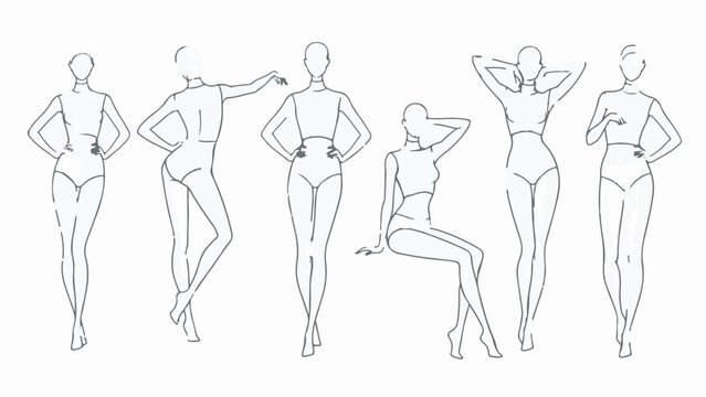 Set of fashion croquis with female body outlines in various poses