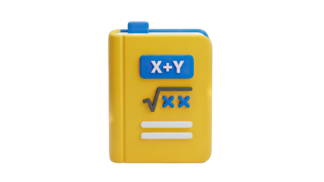 A 3D Rendered Yellow Math Textbook Featuring Blue X Plus Y Equation And Square Root Symbol On A Transparent Background With Crisp Details - Powered by Adobe