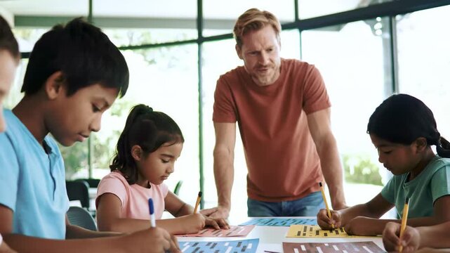 Diverse group of children learning with male teacher, education and learning concept in the classroom.