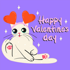 Сute Valentine’s Day greeting card cat with hearts headband. Playful cartoon feline character. Doodle style isolated vector illustration.