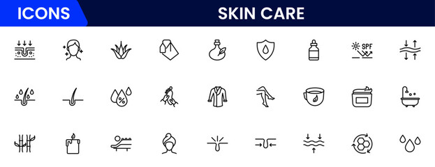 Skin care line icons set. Moisture cream, acid, anti wrinkle serum, creamed, collagen. Pixel perfect, minimalistic web and UI icon.