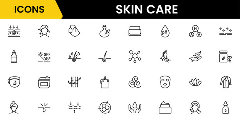 Skin care line icons set. Moisture cream, acid, anti wrinkle serum, creamed, collagen. Pixel perfect, minimalistic web and UI icon.
