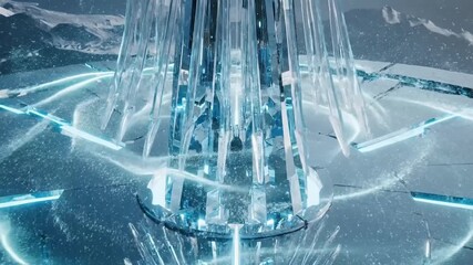 Futuristic energy tower rising from frozen landscape with glowing digital structures advanced science fiction technology scene - Powered by Adobe