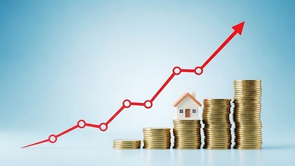 Miniature house sits atop rising stacks of gold coins beneath an upward trending red line graph