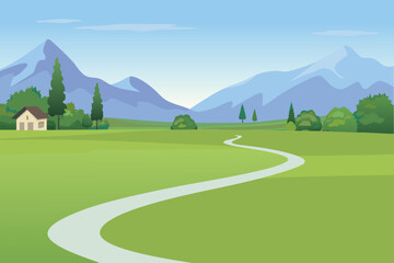 a peaceful landscape featuring a winding path green fields and distant mountains high quality © MAYENUDDIN