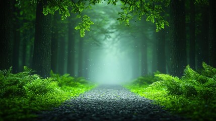Fototapeta premium Quiet Peaceful Foggy forest path, soft light filtering through the trees, mysterious and peaceful atmosphere, invites exploration and contemplation